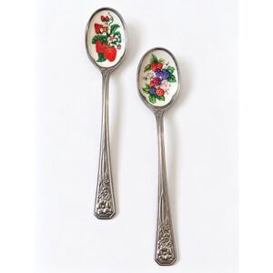 Vintage Avon Fruit Enamel Souvenir Spoons Set of 2 Stainless Steel Japan